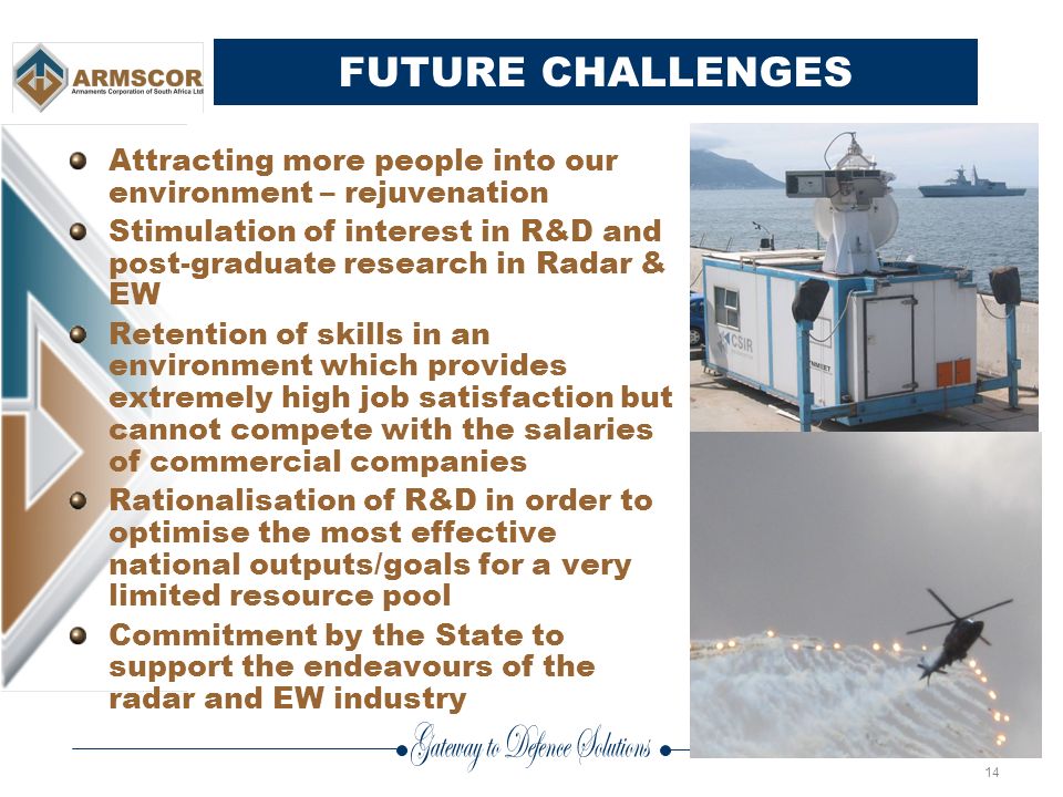 14 FUTURE CHALLENGES Attracting more people into our environment – rejuvenation Stimulation of interest in R&D and post-graduate research in Radar & EW Retention of skills in an environment which provides extremely high job satisfaction but cannot compete with the salaries of commercial companies Rationalisation of R&D in order to optimise the most effective national outputs/goals for a very limited resource pool Commitment by the State to support the endeavours of the radar and EW industry