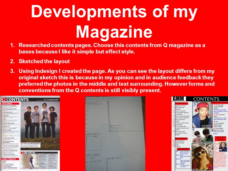 Developments of my Magazine Contents Page 1.Researched contents pages.