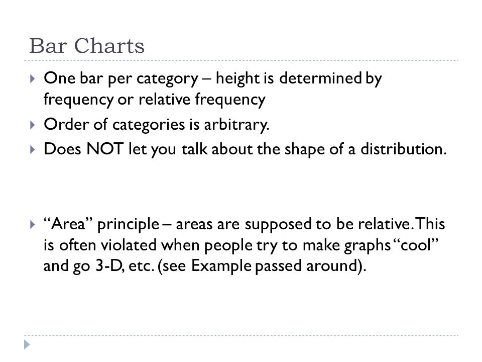 Bar Charts  One bar per category – height is determined by frequency or relative frequency  Order of categories is arbitrary.