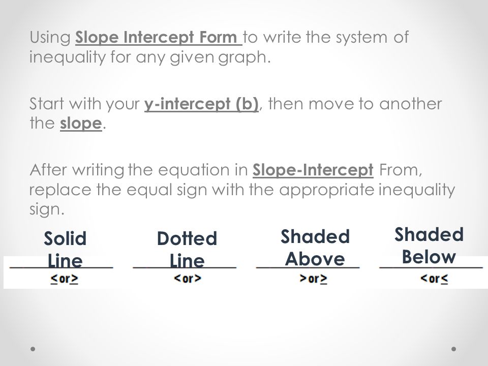 Using Slope Intercept Form to write the system of inequality for any given graph.