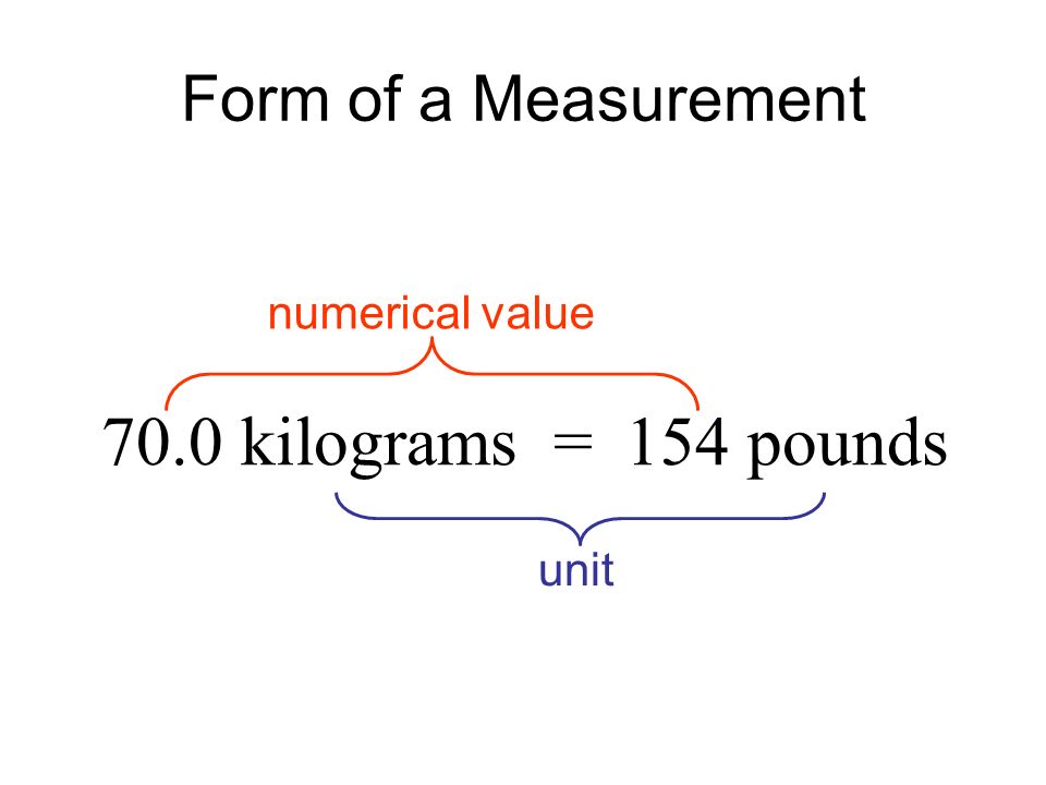 Form of a Measurement 70.0 kilograms = 154 pounds numerical value unit