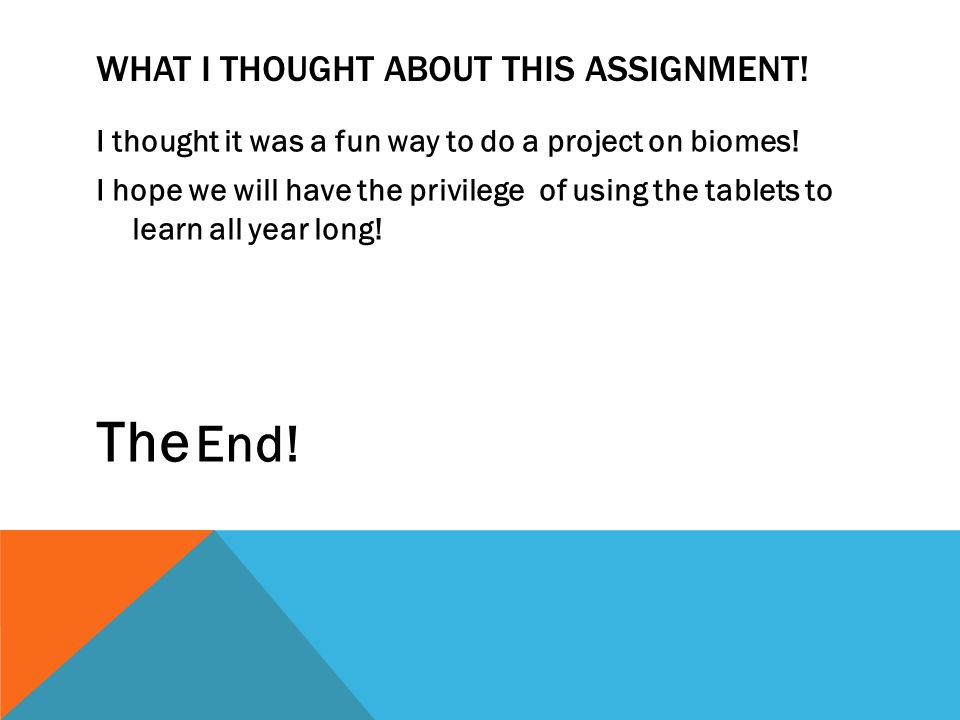 WHAT I THOUGHT ABOUT THIS ASSIGNMENT. I thought it was a fun way to do a project on biomes.