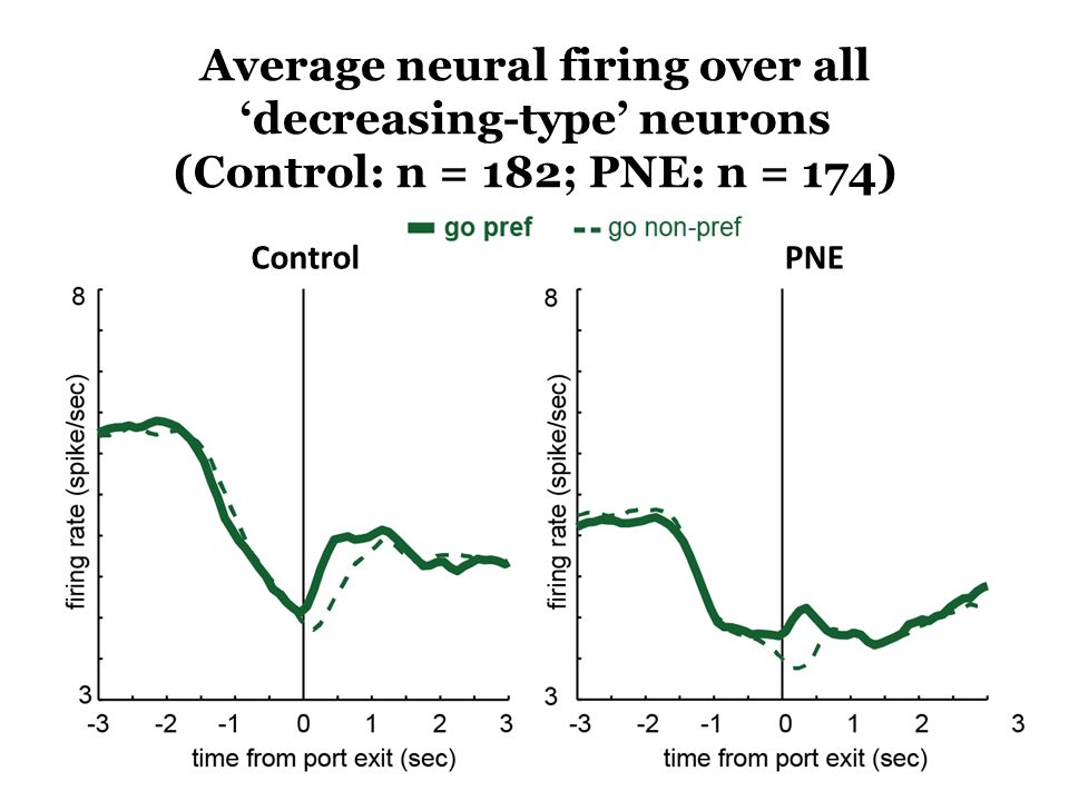 ControlPNE Average neural firing over all ‘decreasing-type’ neurons (Control: n = 182; PNE: n = 174)