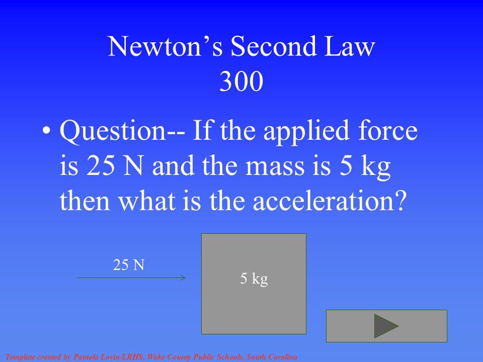 Template created by Pamela Lovin/LRHS, Wake County Public Schools, South Carolina Newton’s Second Law 300 Question-- If the applied force is 25 N and the mass is 5 kg then what is the acceleration.