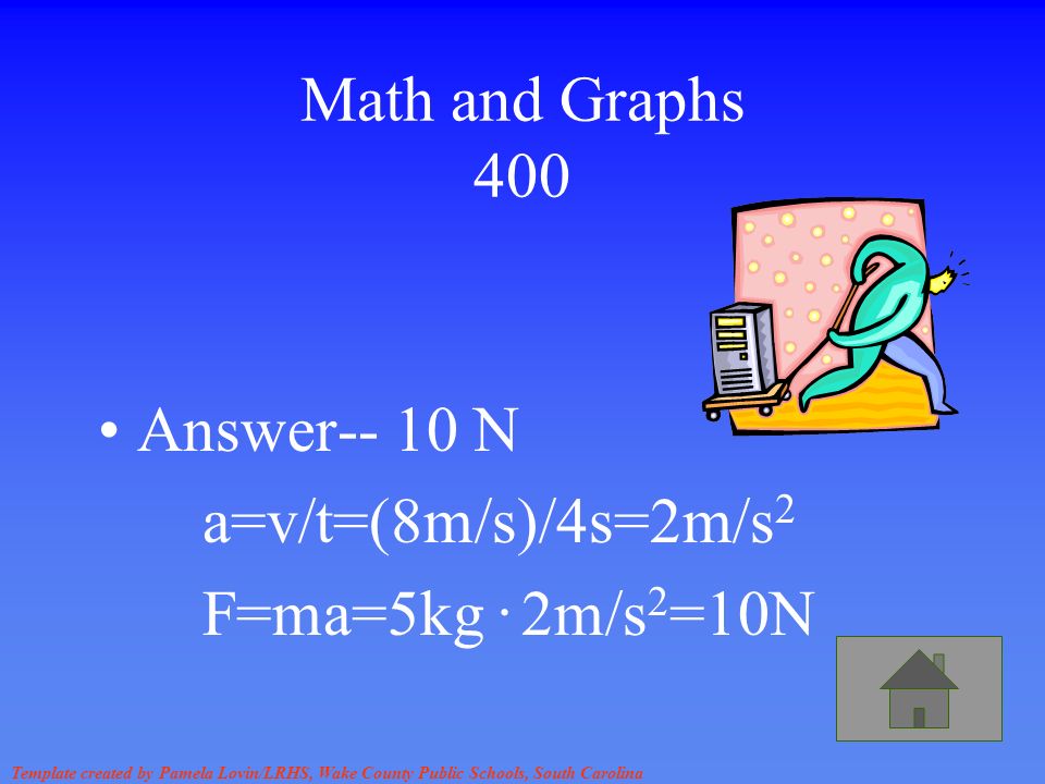 Template created by Pamela Lovin/LRHS, Wake County Public Schools, South Carolina Math and Graphs 400 Answer-- 10 N a=v/t=(8m/s)/4s=2m/s 2 F=ma=5kg.