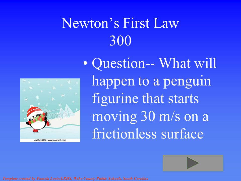 Template created by Pamela Lovin/LRHS, Wake County Public Schools, South Carolina Newton’s First Law 300 Question-- What will happen to a penguin figurine that starts moving 30 m/s on a frictionless surface