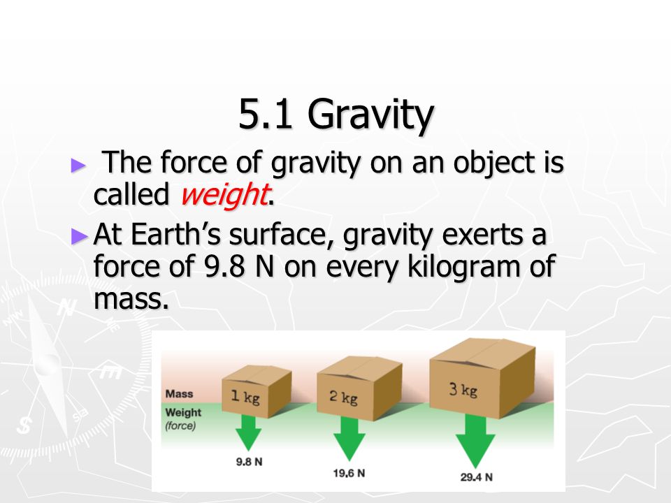 5.1 Gravity ► The force of gravity on an object is called weight.