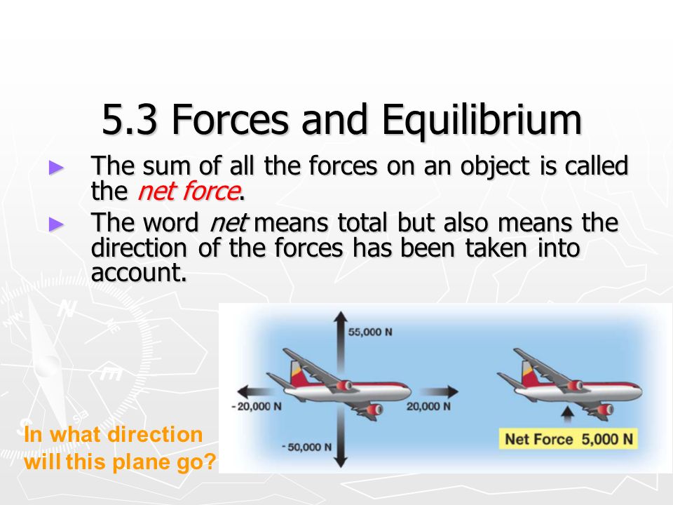 5.3 Forces and Equilibrium ► The sum of all the forces on an object is called the net force.