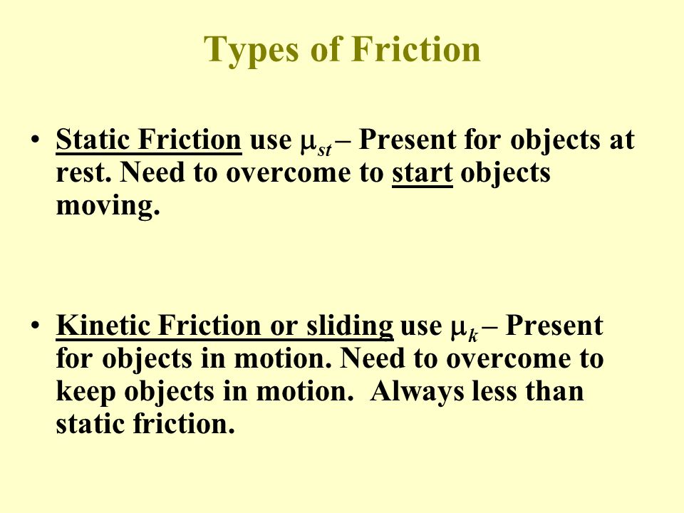Types of Friction Static Friction use  st – Present for objects at rest.