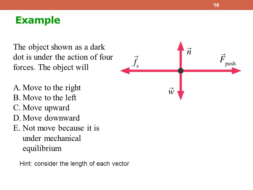 Example 16 The object shown as a dark dot is under the action of four forces.