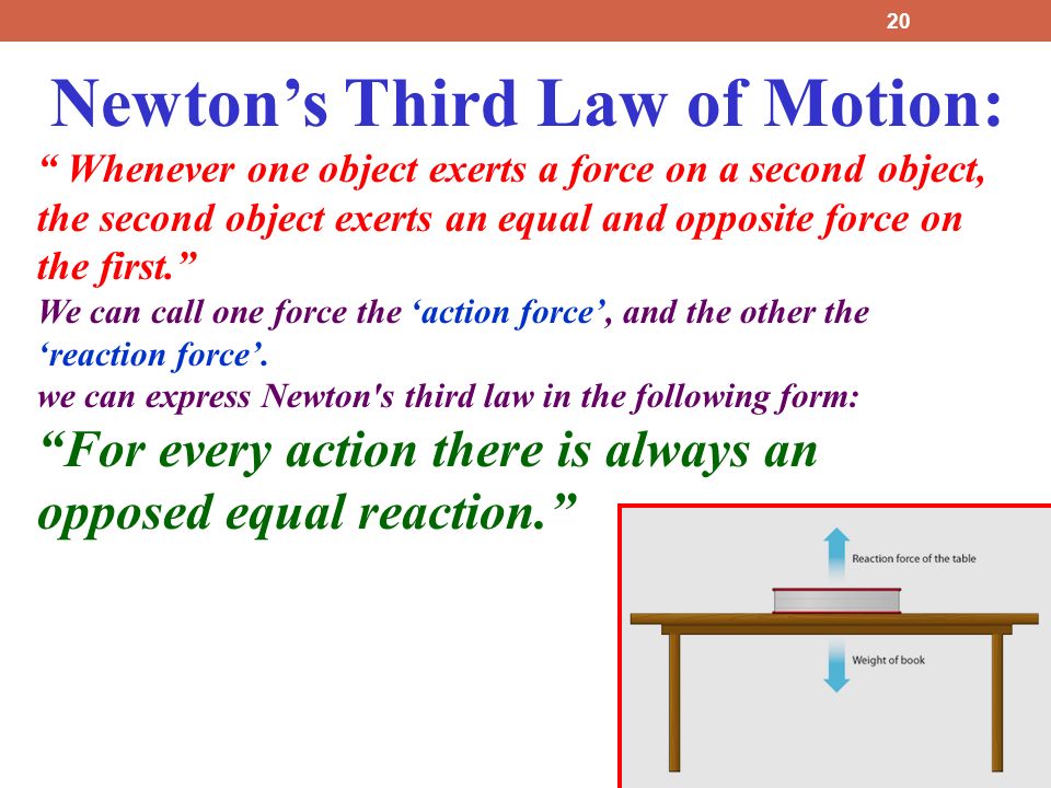 Newton’s Third Law of Motion: Whenever one object exerts a force on a second object, the second object exerts an equal and opposite force on the first. We can call one force the ‘action force’, and the other the ‘reaction force’.