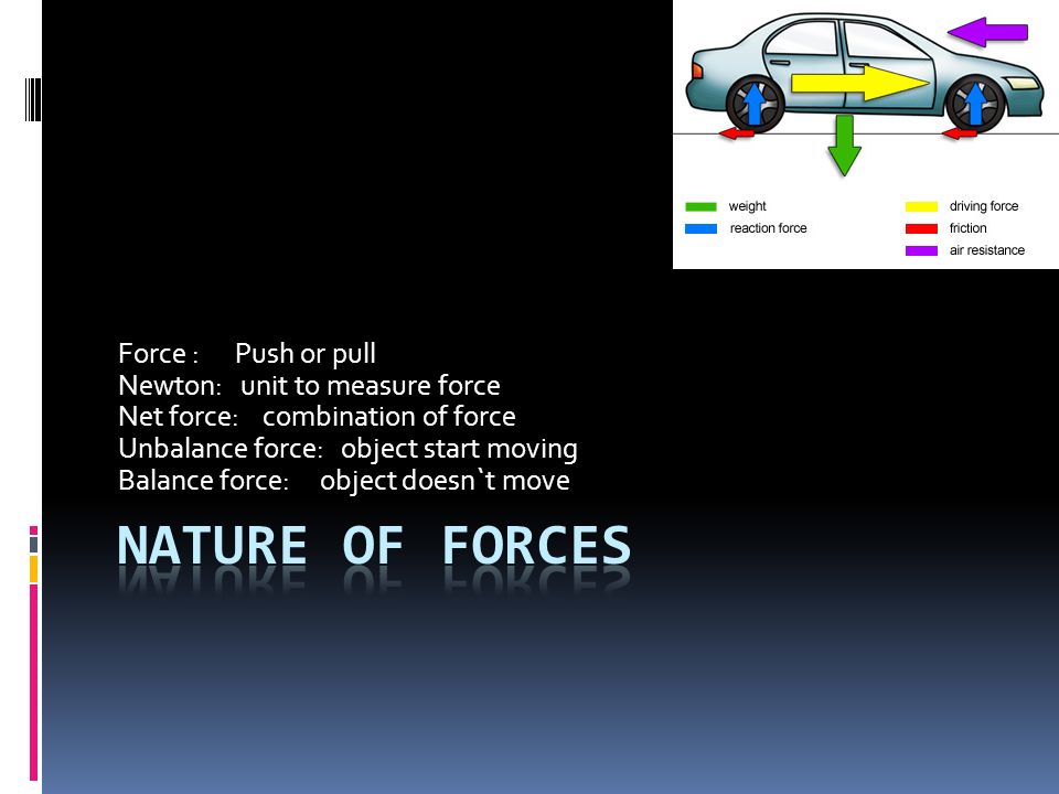 Force : Push or pull Newton: unit to measure force Net force: combination of force Unbalance force: object start moving Balance force: object doesn`t move