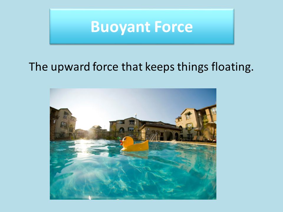 Buoyant Force The upward force that keeps things floating.