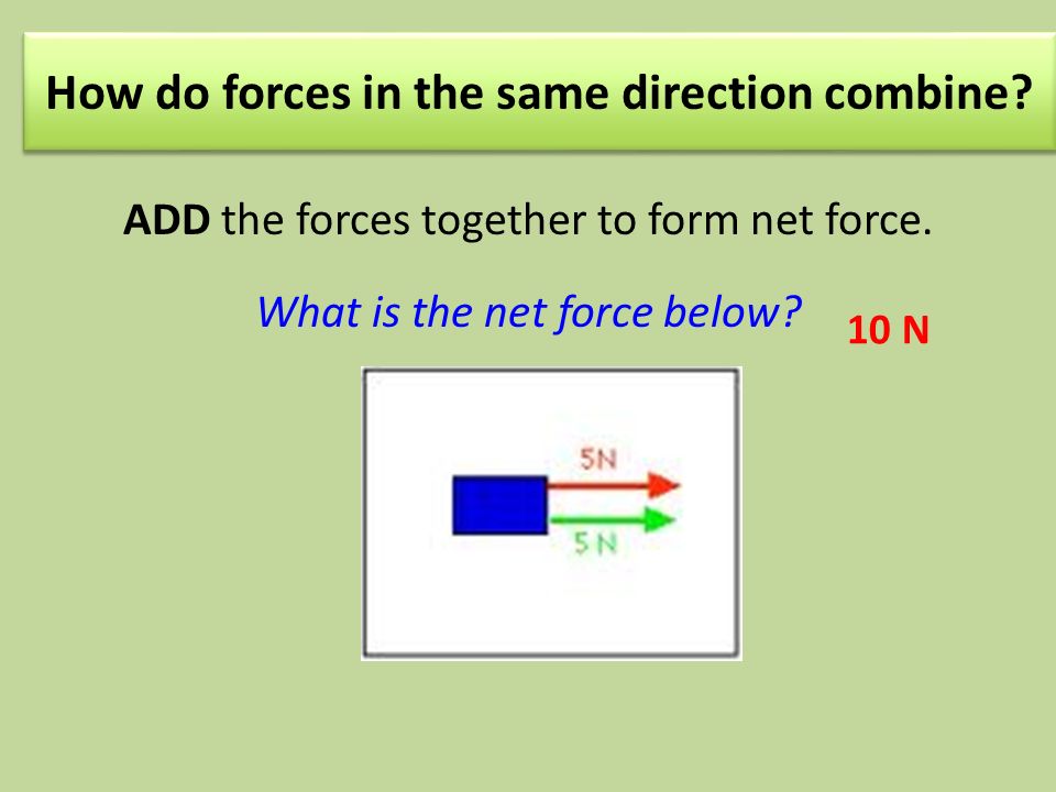 How do forces in the same direction combine. ADD the forces together to form net force.