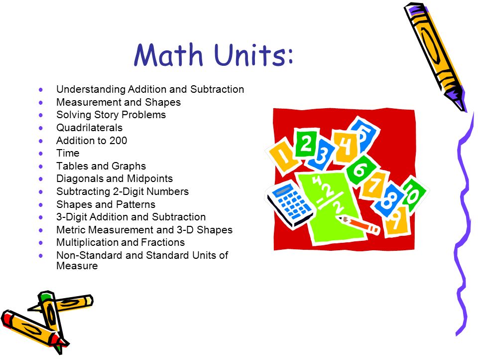 Math Units:  Understanding Addition and Subtraction  Measurement and Shapes  Solving Story Problems  Quadrilaterals  Addition to 200  Time  Tables and Graphs  Diagonals and Midpoints  Subtracting 2-Digit Numbers  Shapes and Patterns  3-Digit Addition and Subtraction  Metric Measurement and 3-D Shapes  Multiplication and Fractions  Non-Standard and Standard Units of Measure