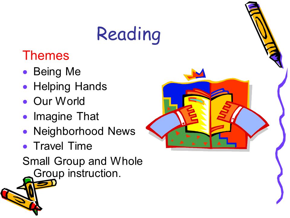 Reading Themes  Being Me  Helping Hands  Our World  Imagine That  Neighborhood News  Travel Time Small Group and Whole Group instruction.