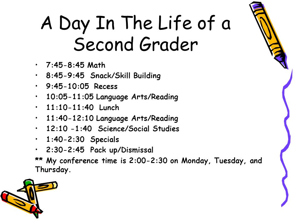A Day In The Life of a Second Grader 7:45-8:45 Math 8:45-9:45 Snack/Skill Building 9:45-10:05Recess 10:05-11:05 Language Arts/Reading 11:10-11:40 Lunch 11:40-12:10 Language Arts/Reading 12:10 -1:40 Science/Social Studies 1:40-2:30 Specials 2:30-2:45 Pack up/Dismissal ** My conference time is 2:00-2:30 on Monday, Tuesday, and Thursday.