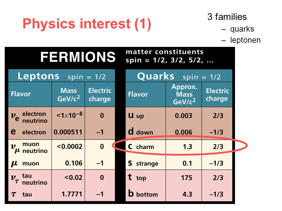 Physics interest (1) 3 families –quarks –leptonen