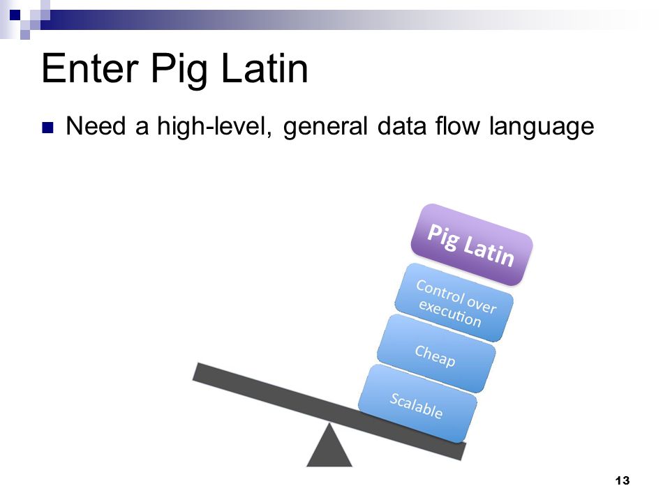 13 Enter Pig Latin Need a high-level, general data flow language Pig Latin