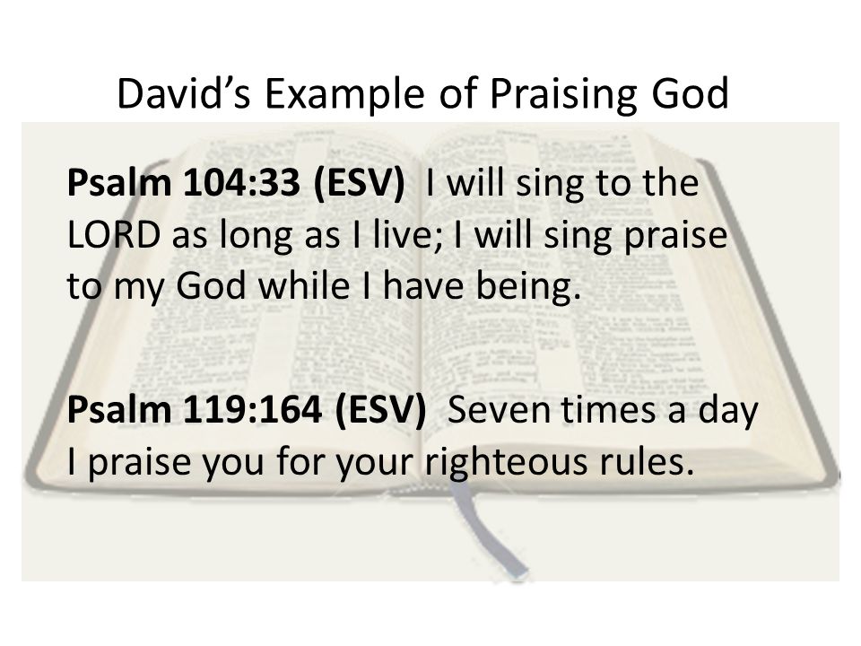 David’s Example of Praising God Psalm 104:33 (ESV) I will sing to the LORD as long as I live; I will sing praise to my God while I have being.