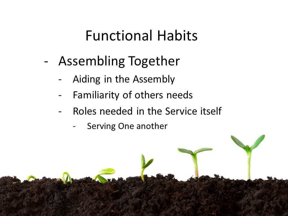 Functional Habits -Assembling Together -Aiding in the Assembly -Familiarity of others needs -Roles needed in the Service itself -Serving One another