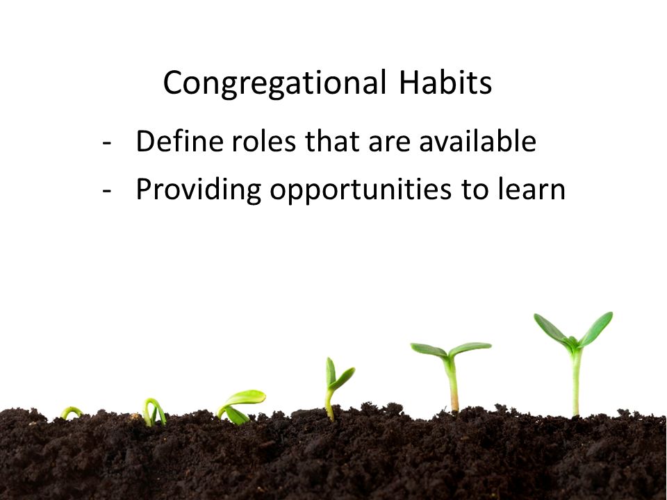 Congregational Habits -Define roles that are available -Providing opportunities to learn