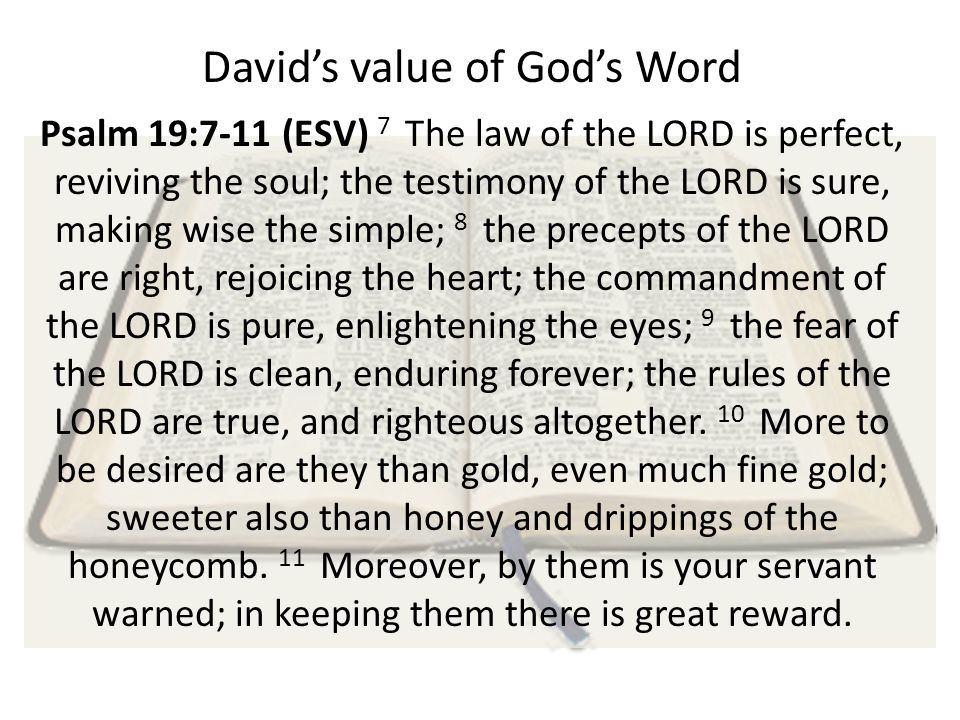 David’s value of God’s Word Psalm 19:7-11 (ESV) 7 The law of the LORD is perfect, reviving the soul; the testimony of the LORD is sure, making wise the simple; 8 the precepts of the LORD are right, rejoicing the heart; the commandment of the LORD is pure, enlightening the eyes; 9 the fear of the LORD is clean, enduring forever; the rules of the LORD are true, and righteous altogether.