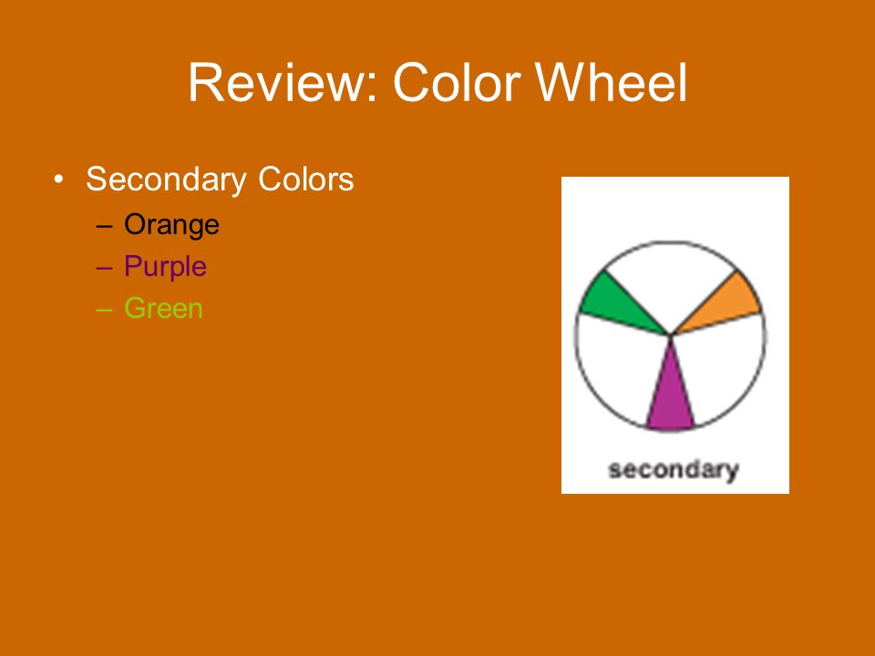 Review: Color Wheel Secondary Colors –Orange –Purple –Green