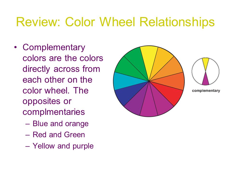Review: Color Wheel Relationships Complementary colors are the colors directly across from each other on the color wheel.