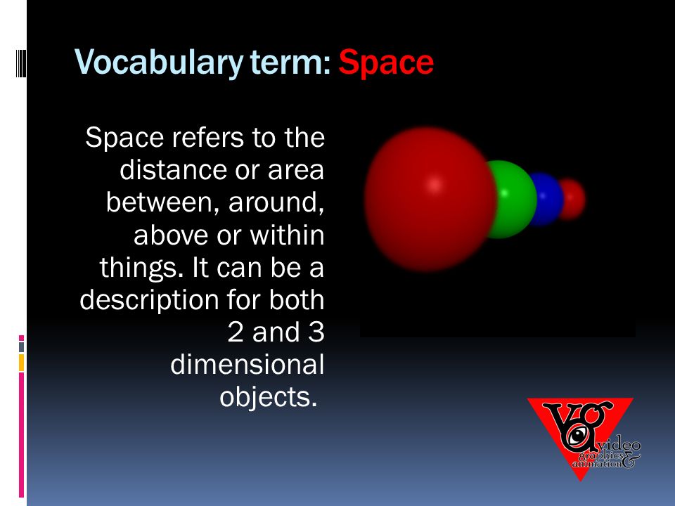 Space refers to the distance or area between, around, above or within things.