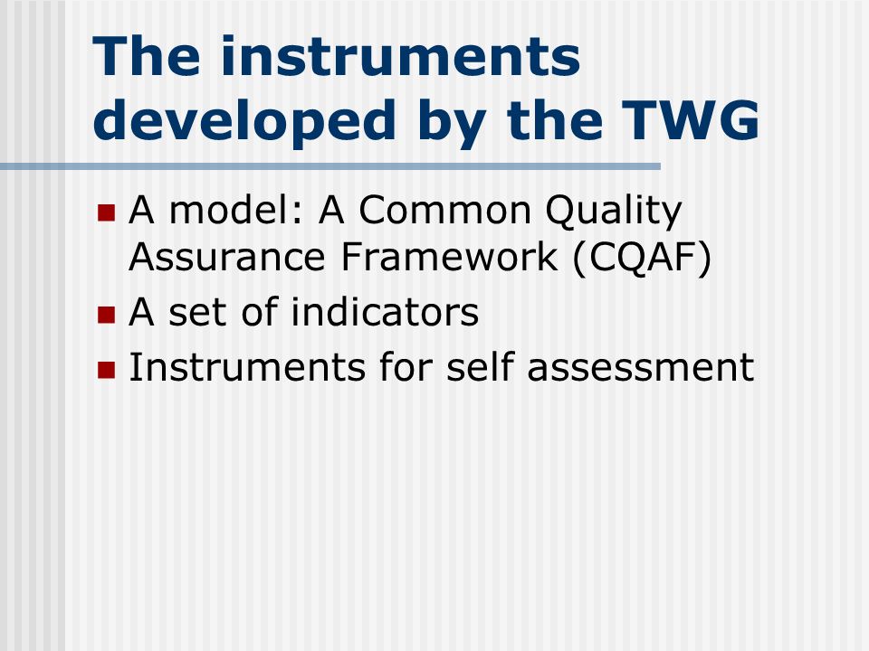 The instruments developed by the TWG A model: A Common Quality Assurance Framework (CQAF) A set of indicators Instruments for self assessment