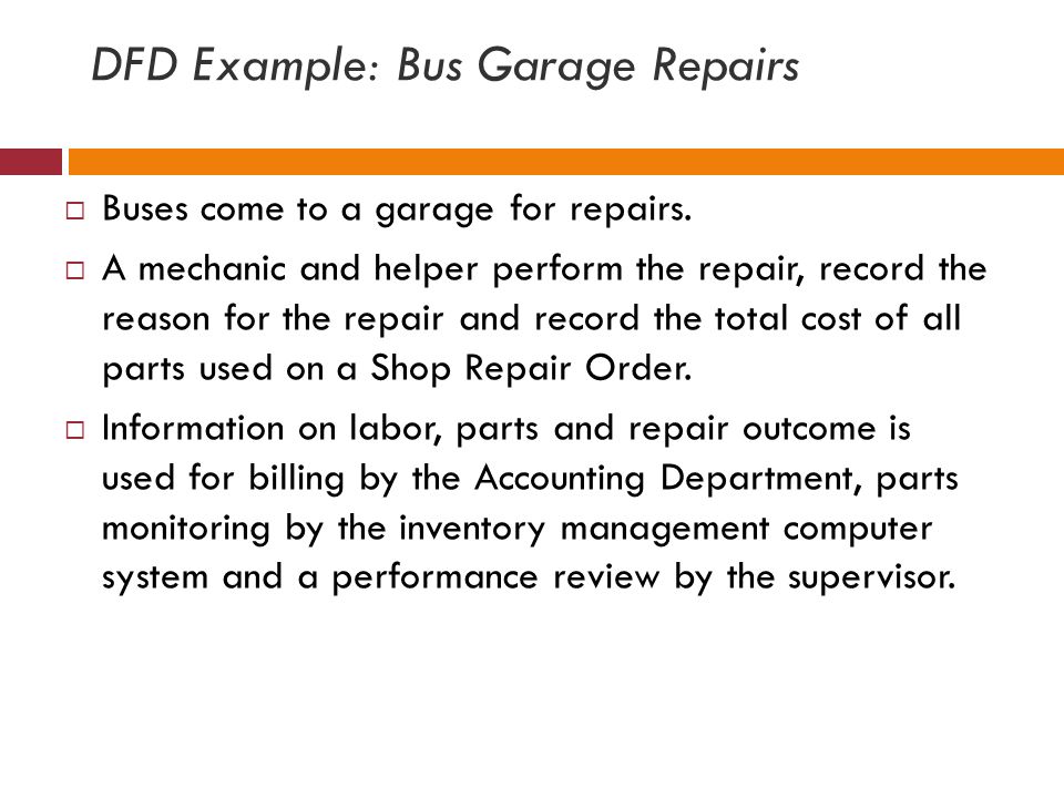 DFD Example: Bus Garage Repairs  Buses come to a garage for repairs.