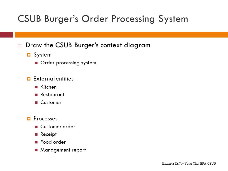 CSUB Burger’s Order Processing System  Draw the CSUB Burger’s context diagram  System Order processing system  External entities Kitchen Restaurant Customer  Processes Customer order Receipt Food order Management report Example Ref by Yong Choi BPA CSUB