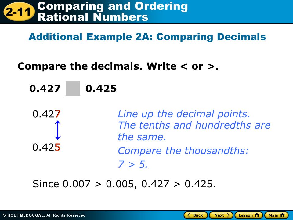 2-11 Comparing and Ordering Rational Numbers Compare the decimals.