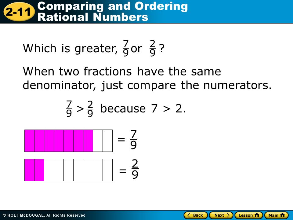 2-11 Comparing and Ordering Rational Numbers Which is greater, or .