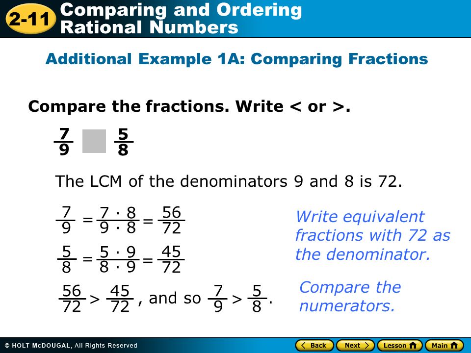 2-11 Comparing and Ordering Rational Numbers Compare the fractions.