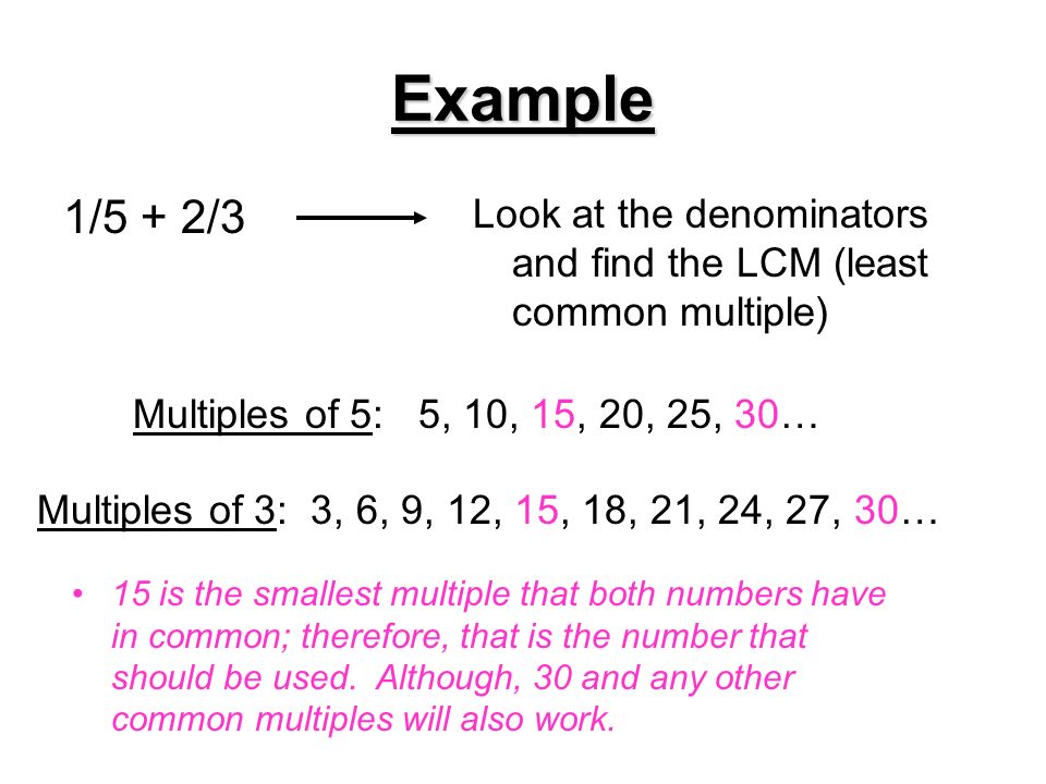 Example 1/5 + 2/3 Look at the denominators and find the LCM (least common multiple) Multiples of 5: 5, 10, 15, 20, 25, 30… Multiples of 3: 3, 6, 9, 12, 15, 18, 21, 24, 27, 30… 15 is the smallest multiple that both numbers have in common; therefore, that is the number that should be used.
