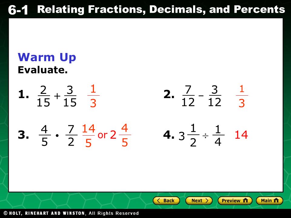 6 1 Relating Fractions Decimals And Percents Warm Up Evaluate Or Ppt Download