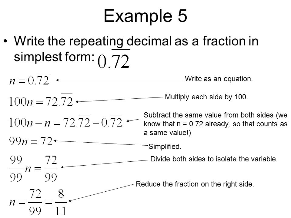 Example 5 Write the repeating decimal as a fraction in simplest form: Write as an equation.
