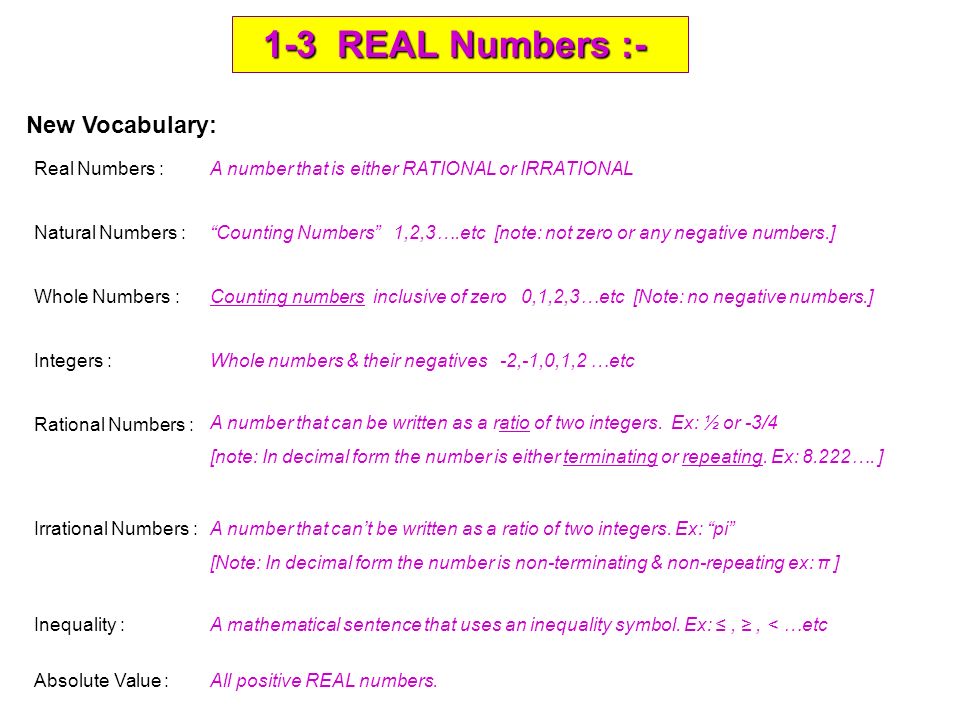 1-3 REAL Numbers :- 1-3 REAL Numbers :- New Vocabulary: Real Numbers : Natural Numbers : Whole Numbers : Integers : Rational Numbers : Irrational Numbers : Inequality : A number that is either RATIONAL or IRRATIONAL Counting Numbers 1,2,3….etc [note: not zero or any negative numbers.] Counting numbers inclusive of zero 0,1,2,3…etc [Note: no negative numbers.] Whole numbers & their negatives -2,-1,0,1,2 …etc A number that can be written as a ratio of two integers.