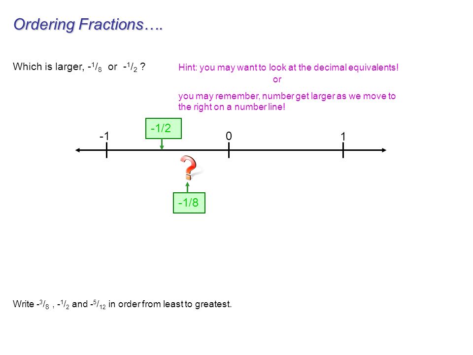 Ordering Fractions…. Which is larger, - 1 / 8 or - 1 / 2 .