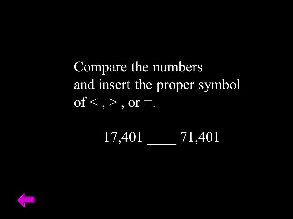 Compare the numbers and insert the proper symbol of, or =. 17,401 ____ 71,401