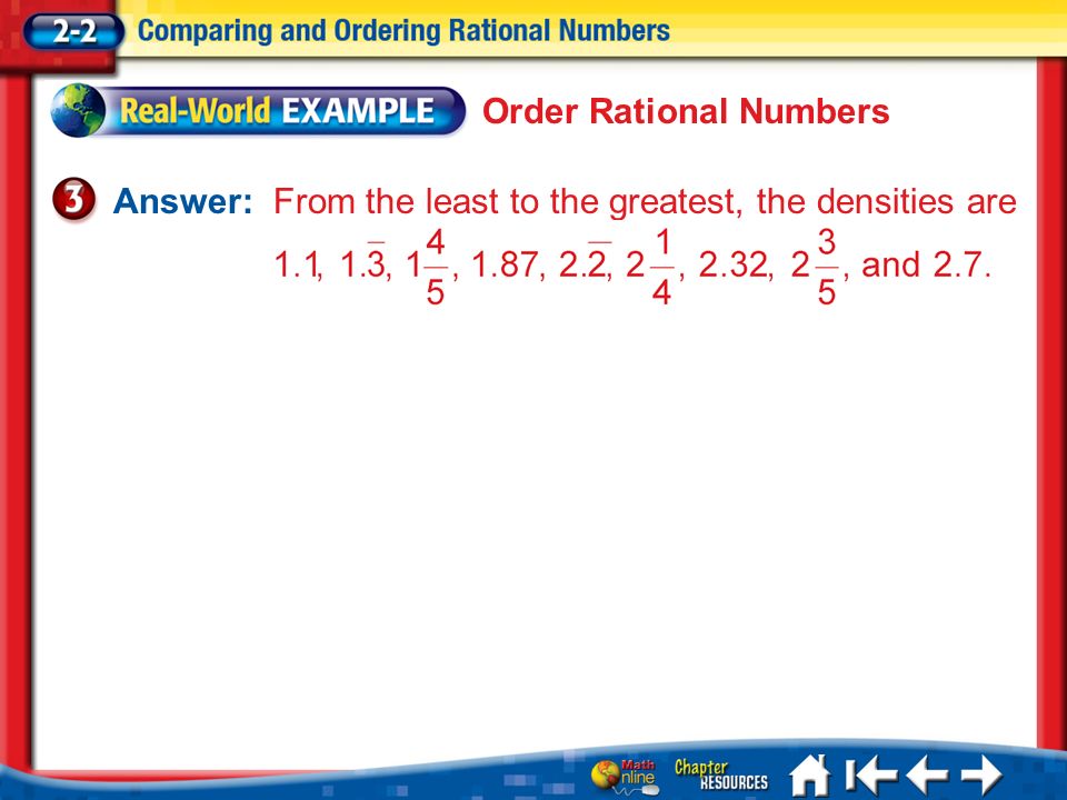 Lesson 2 Ex3 Order Rational Numbers Answer: From the least to the greatest, the densities are