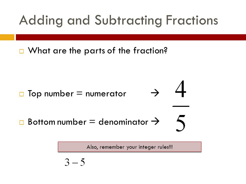 Adding and Subtracting Fractions  What are the parts of the fraction.