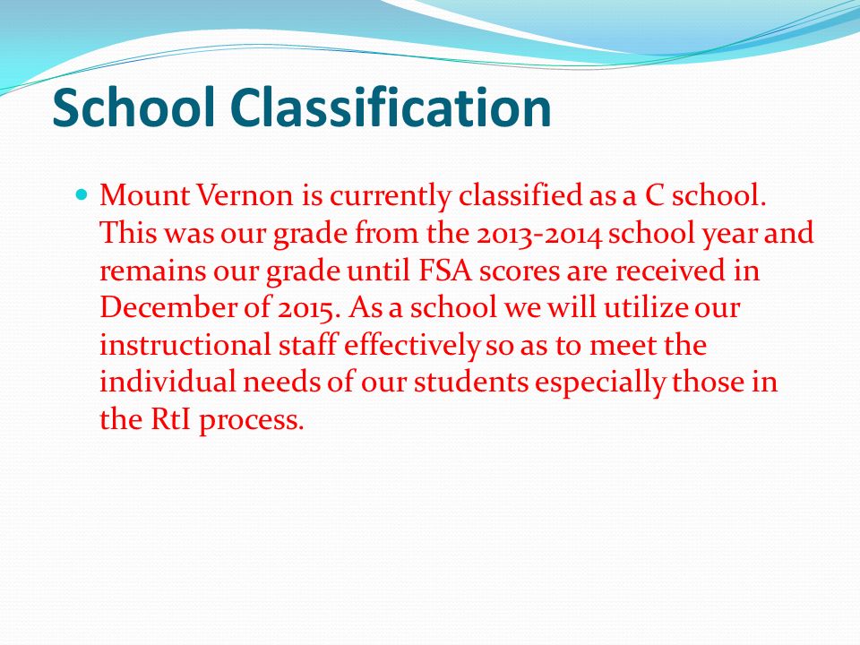 School Classification Mount Vernon is currently classified as a C school.