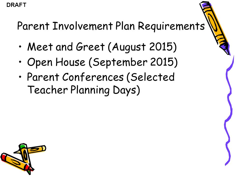 DRAFT Meet and Greet (August 2015) Open House (September 2015) Parent Conferences (Selected Teacher Planning Days) Parent Involvement Plan Requirements