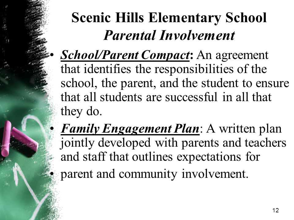12 Scenic Hills Elementary School Parental Involvement School/Parent Compact: An agreement that identifies the responsibilities of the school, the parent, and the student to ensure that all students are successful in all that they do.
