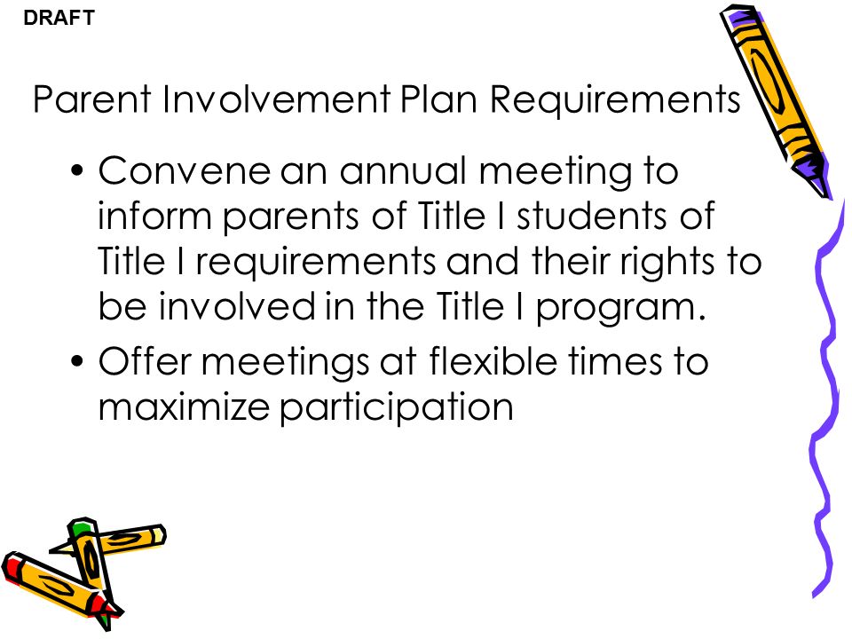 DRAFT Convene an annual meeting to inform parents of Title I students of Title I requirements and their rights to be involved in the Title I program.