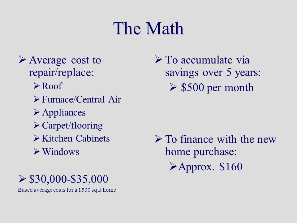 The Math  Average cost to repair/replace:  Roof  Furnace/Central Air  Appliances  Carpet/flooring  Kitchen Cabinets  Windows  $30,000-$35,000 Based average costs for a 1500 sq ft home  To accumulate via savings over 5 years:  $500 per month  To finance with the new home purchase:  Approx.