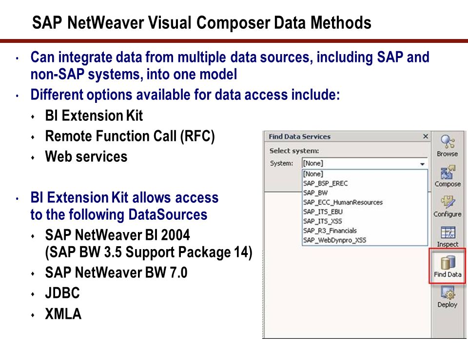 SAP NetWeaver Visual Composer Data Methods Can integrate data from multiple data sources, including SAP and non-SAP systems, into one model Different options available for data access include:  BI Extension Kit  Remote Function Call (RFC)  Web services BI Extension Kit allows access to the following DataSources  SAP NetWeaver BI 2004 (SAP BW 3.5 Support Package 14)  SAP NetWeaver BW 7.0  JDBC  XMLA